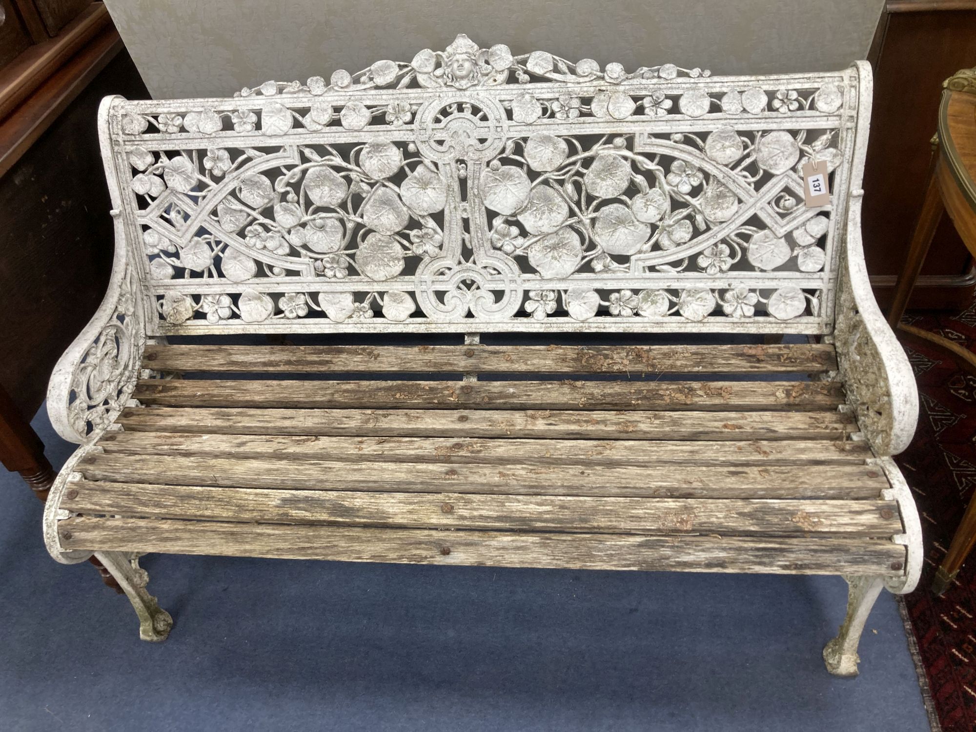 A Coalbrookdale style cast metal Nasturtium pattern garden bench, length 128cm, depth 65cm, height 88cm